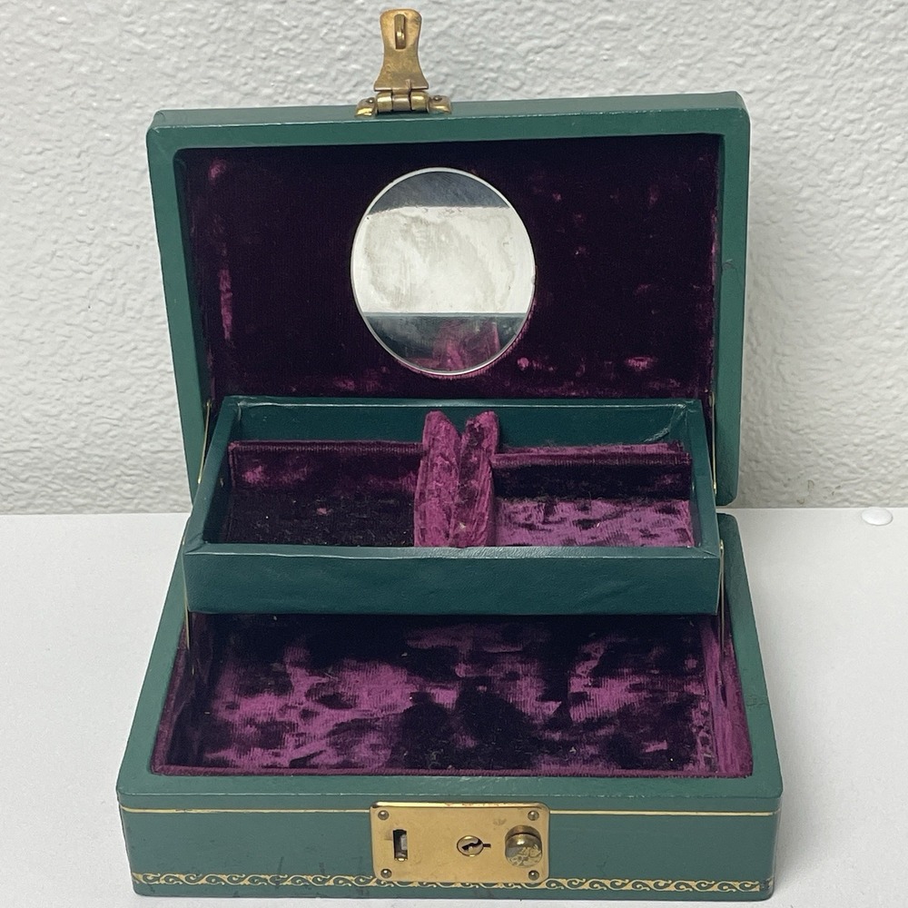 Vintage 1950-60s Green Vinyl Jewelry Box Purple Velvet Mirror Gold Trim